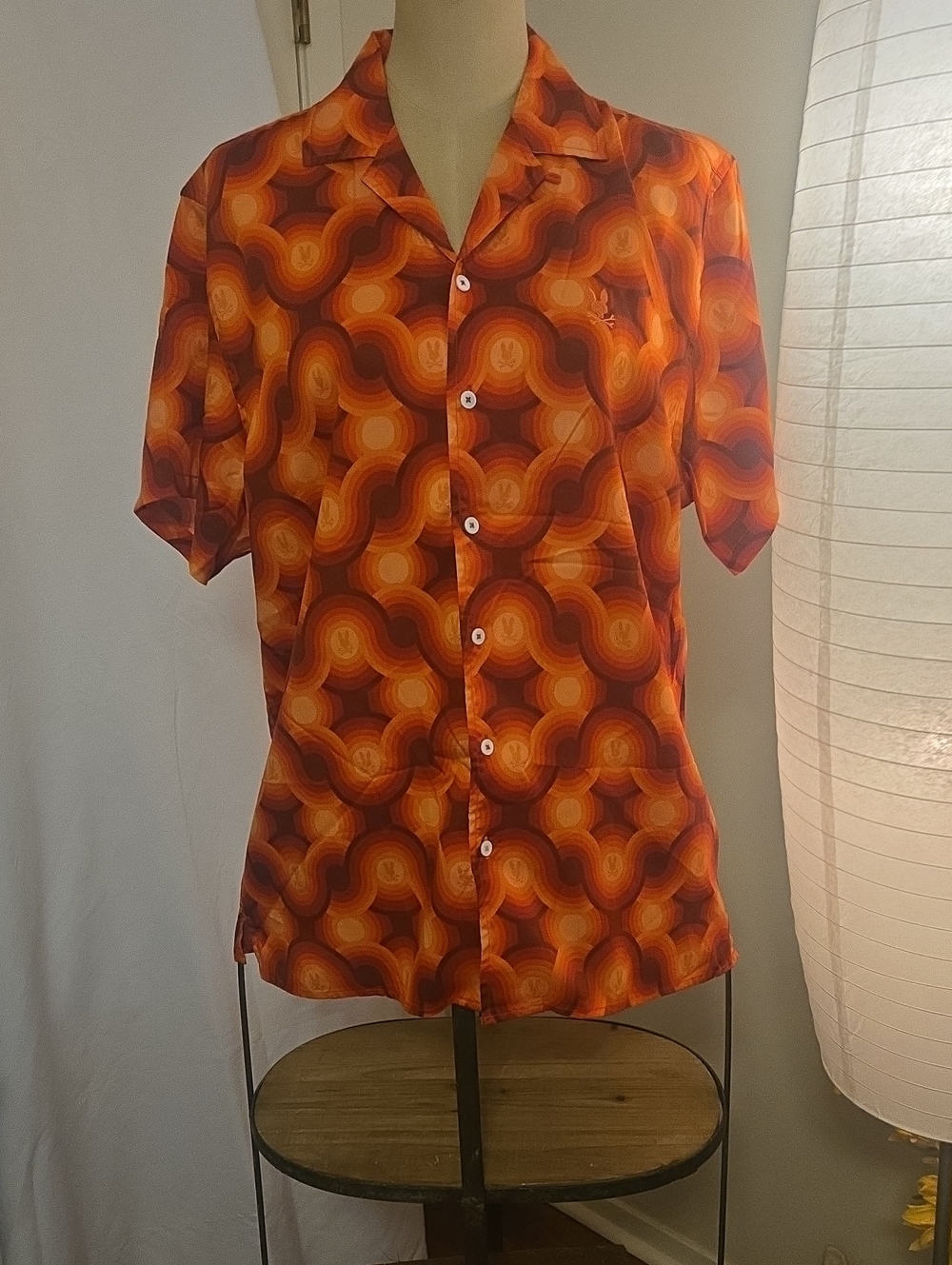 Psycho Bunny Orange & Red Retro Wave Camp Shirt Size Large